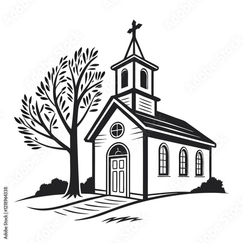 A stylized, black and white vector illustration of a charming church perched atop a grassy hill