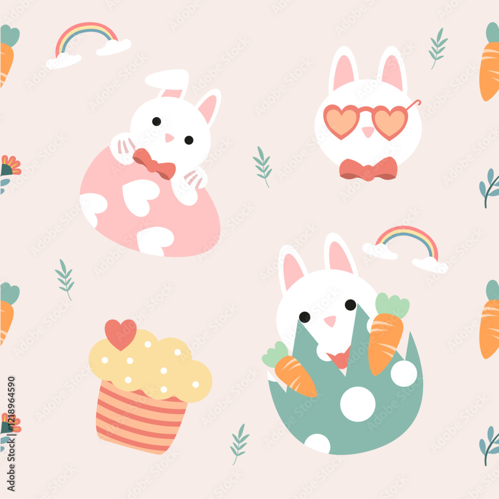 Seamless pattern cute easter rabbits with eggs and flowers, color pastel. Seamless pattern cute easter rabbits with eggs and flowers, color pastel.