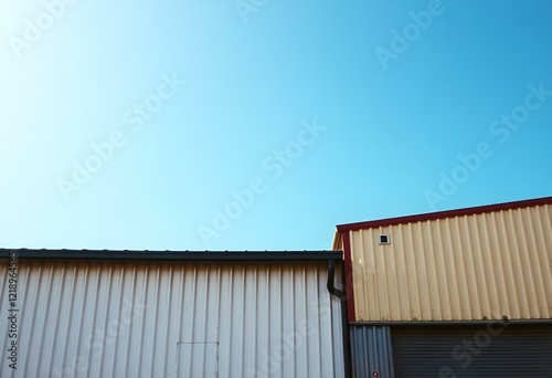 Wallpaper Mural Industrial Warehouse Building with sunlight and shadow on Corrugated Metal Wall against Blue Sky background, Low Angle view
 Torontodigital.ca