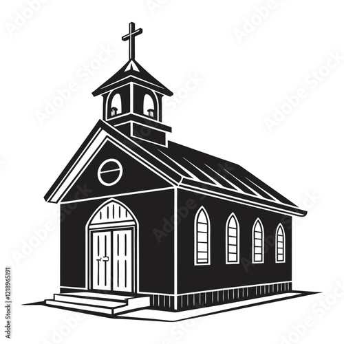 A stylized, black and white vector illustration of a charming church perched atop a grassy hill