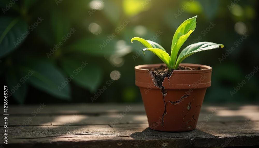 Thriving Green Plant in Cracked Terracotta Pot Under Sunlight, Symbolizing Growth and Resilience Thriving Green Plant in Cracked Terracotta Pot Under Sunlight, Symbolizing Growth and Resilience