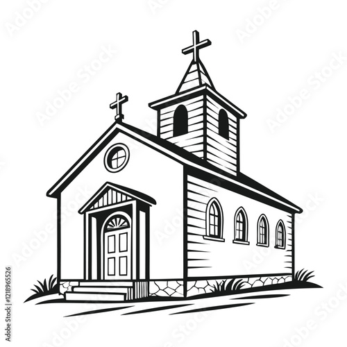 A stylized, black and white vector illustration of a charming church perched atop a grassy hill