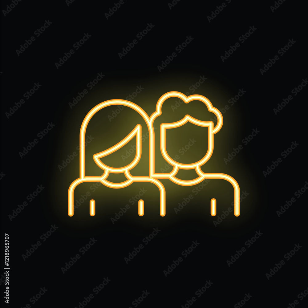 Yellow neon icon representing two people standing next to each other, symbolizing concepts such as teamwork, partnership and collaboration Yellow neon icon representing two people standing next to each other, symbolizing concepts such as teamwork, partnership and collaboration