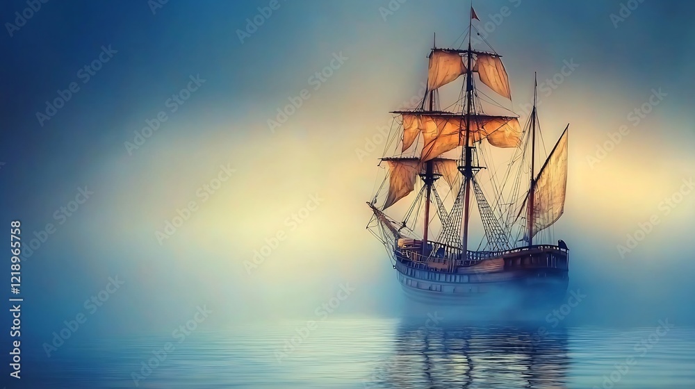 Obraz premium Sailing ship in morning mist, calm sea, sunrise