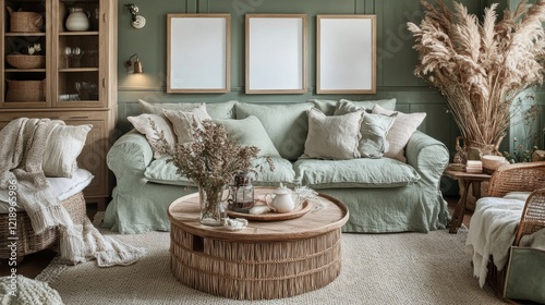 Sage green living room with linen sofa, wooden coffee table, and pampas grass.