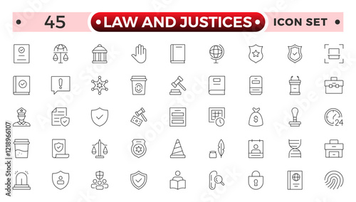law and Justices icon set such as thin line divorce, protection law, diplopy, law enforcement, firm, police badge, services icons for report, presentation, diagram justice set.