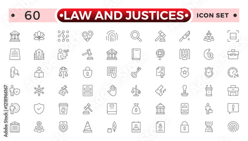 law and Justices icon set such as thin line divorce, protection law, diplopy, law enforcement, firm, police badge, services icons for report, presentation, diagram justice set.