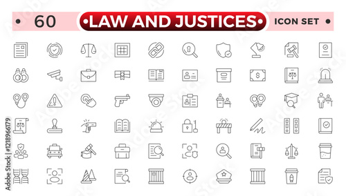 law and Justices icon set such as thin line divorce, protection law, diplopy, law enforcement, firm, police badge, services icons for report, presentation, diagram justice set.
