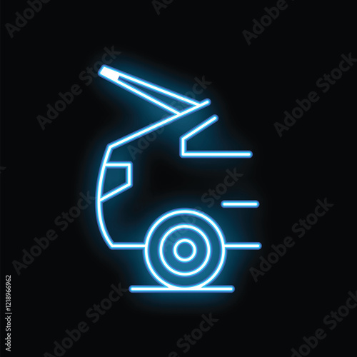 Blue glowing neon icon of a concrete mixer truck working on a black background