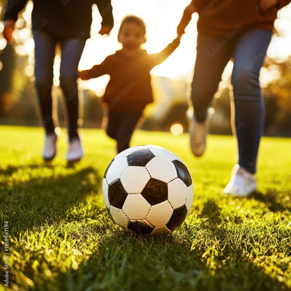 Fototapeta premium A joyful scene of a child running towards a soccer ball on a sunlit field, accompanied by adults, capturing moments of fun and family bonding.
