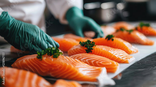 Fresh salmon fillets being prepared with herbs in kitchen setting, showcasing vibrant colors and attention to food safety