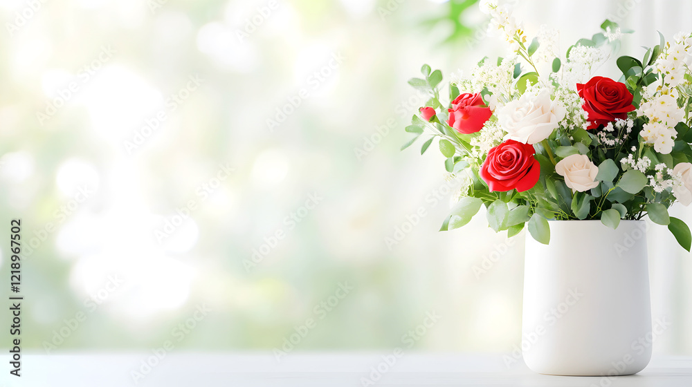 Fototapeta premium Natural rose bouquet arranged in a chic white ceramic vase, set in a bright and airy setting with soft bokeh lights, great for social media, floral advertising and festive promotions. Selective focus