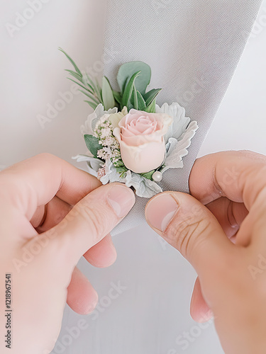 delicate hand adjusts groom boutonniere featuring pink rose and greenery, symbolizing love and elegance on special day
