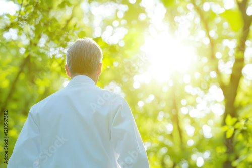 healthcare professional stands in sunlit forest, surrounded by greenery, reflecting sense of peace and connection to nature
