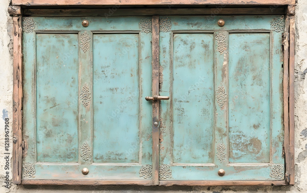 Fototapeta premium Antique Teal Wooden Double Door Rustic Weathered Exterior Vintage