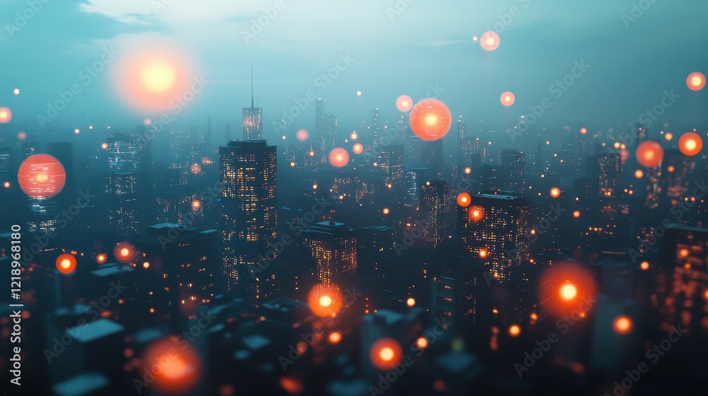 Obraz premium Airborne PM2.5 particles illustrated as glowing orbs in a polluted cityscape, artistic visualization of air quality issues.