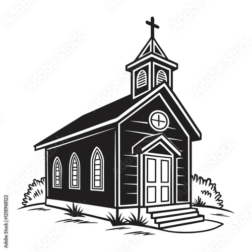 A stylized, black and white vector illustration of a charming church perched atop a grassy hill