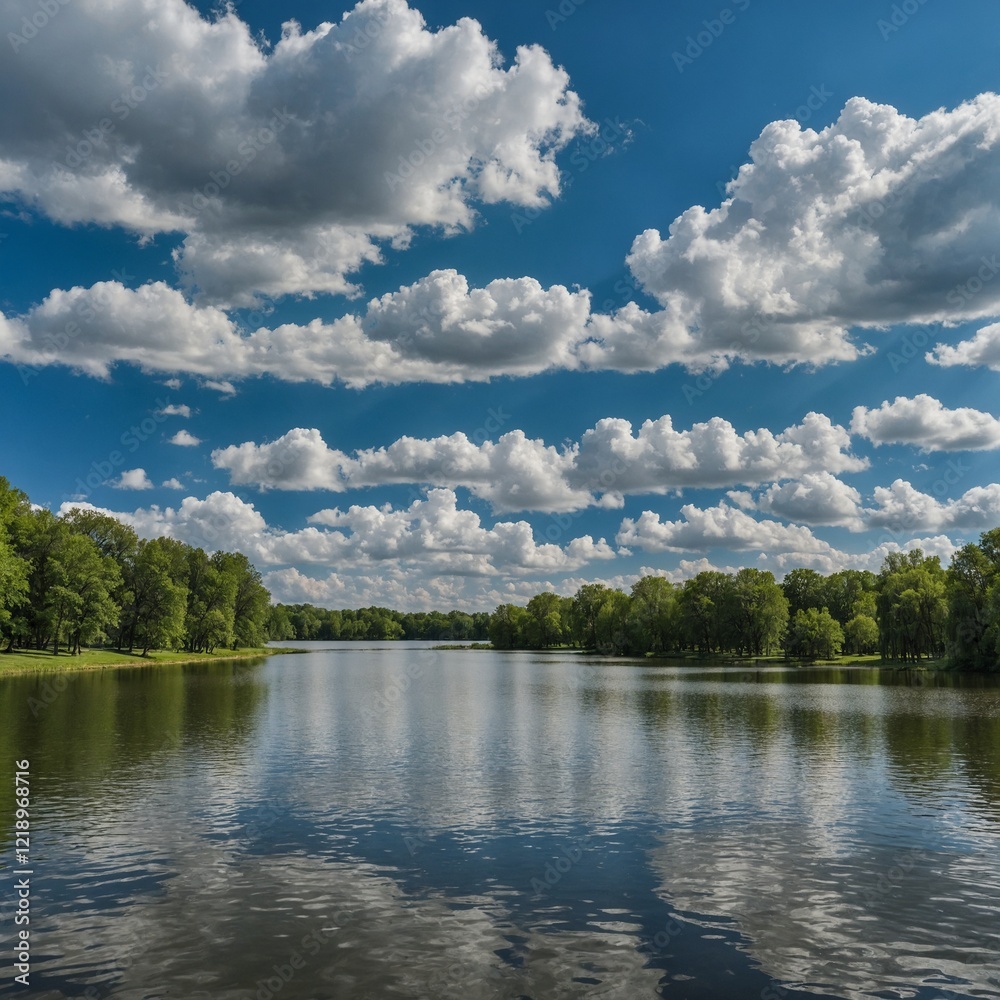 Obraz premium A clear day with white fluffy clouds over a park lake.