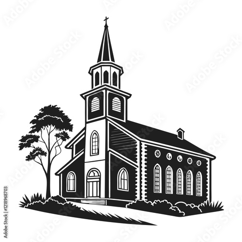 A stylized, black and white vector illustration of a charming church perched atop a grassy hill