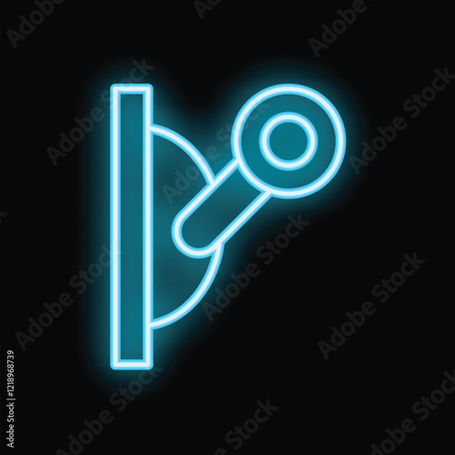 Bright blue neon light switch turned on, illuminating the dark with a vibrant glow