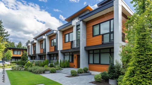 Modern Townhouses Nestled In A Lush Green Landscape Under A Vibrant Blue Sky.  The Architecture Is Sleek And Contemporary, Showcasing A Blend Of Wood And Stone.
