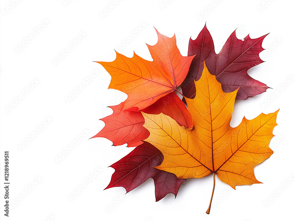 Fototapeta premium Colorful autumn leaves in vibrant shades of red, orange, and yellow isolated on white background, showcasing beauty of fall foliage