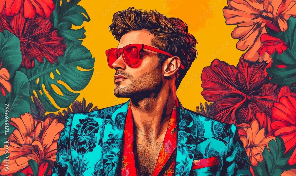 Fototapeta premium Pop Art Portrait of Handsome Man in Red Sunglasses and Colorful Blazer on Vibrant Floral Background in Retro Style, Generative AI