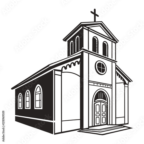 A stylized, black and white vector illustration of a charming church perched atop a grassy hill