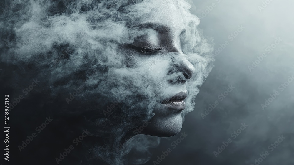 Artistic human face merging with abstract smog particles, symbolic representation of personal and environmental health. Artistic human face merging with abstract smog particles, symbolic representation of personal and environmental health.