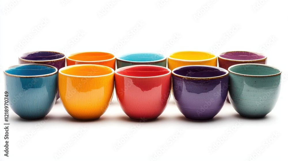 A set of colorful ceramic bowls arranged in a row on a white isolated background A set of colorful ceramic bowls arranged in a row on a white isolated background
