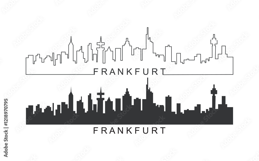 Minimalist vector illustration of Frankfurt’s skyline in both silhouette and outline styles. Great for travel brochures, souvenirs, posters, or digital designs. Minimalist vector illustration of Frankfurt’s skyline in both silhouette and outline styles. Great for travel brochures, souvenirs, posters, or digital designs.
