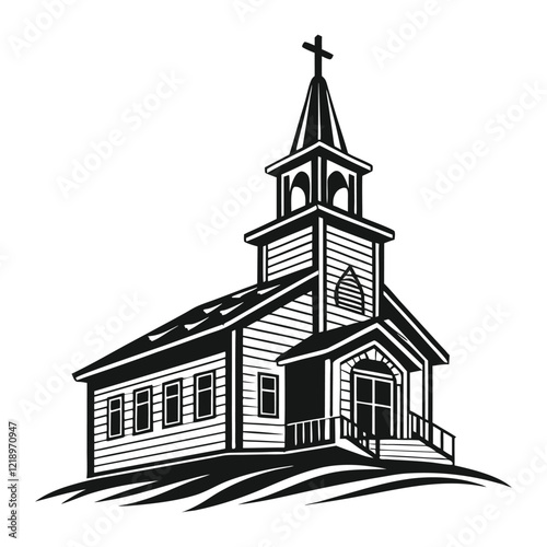 A stylized, black and white vector illustration of a charming church perched atop a grassy hill