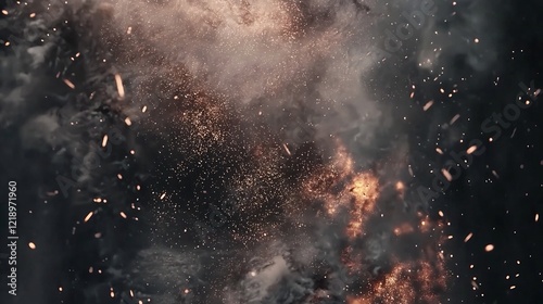 Fiery explosion, dark sky, sparks, smoke, destruction, dramatic background, ideal for action movie