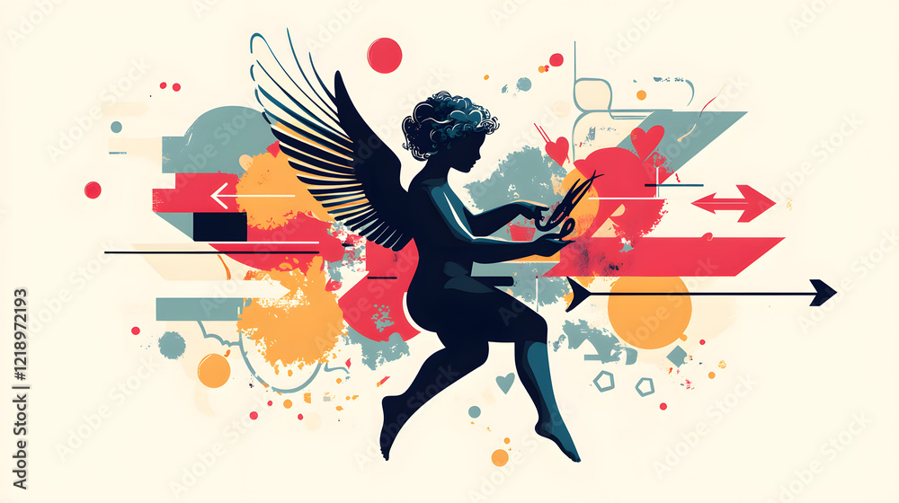 Vector illustration of Cupid in modern design, surrounded by arrows and abstract elements in bold colors. Vector illustration of Cupid in modern design, surrounded by arrows and abstract elements in bold colors.