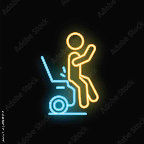 Neon sign illustrating a person tripping over an open car trunk, representing potential hazards and the importance of awareness