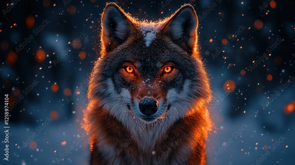 Obraz premium Fiery wolf, snowy forest, night, glowing eyes, fantasy art