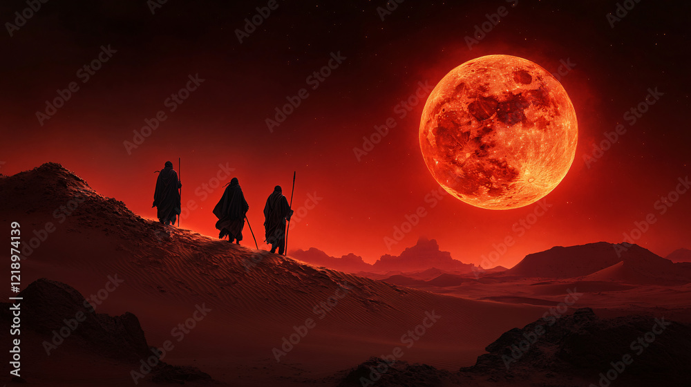 Naklejka premium Surreal scene of nomads in flowing traditional attire under red moon, evoking sense of mystery and adventure in desert landscape