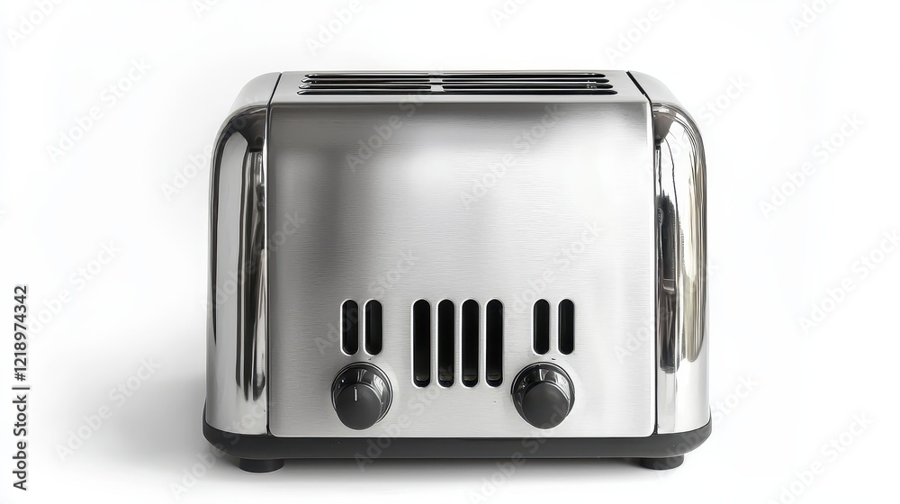 A stainless steel toaster with two slots, placed on a white isolated background A stainless steel toaster with two slots, placed on a white isolated background