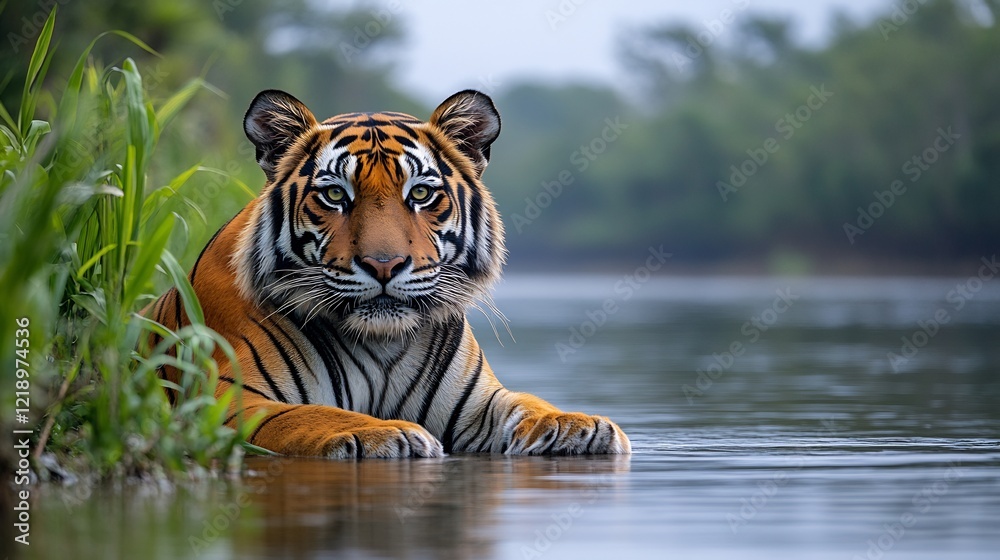 A critically endangered Bengal tiger resting by a riverside in dense mangrove forests A critically endangered Bengal tiger resting by a riverside in dense mangrove forests
