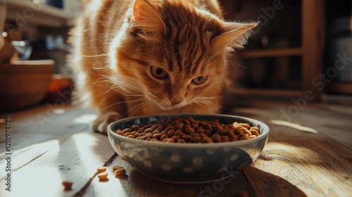 Adorable ginger tabby cat eagerly anticipating its meal of dry kibble at home photo