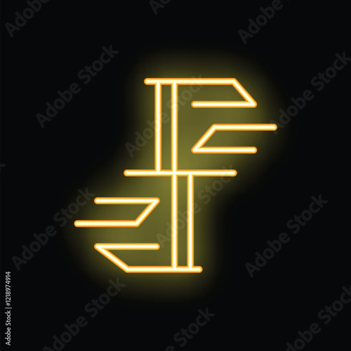 Golden neon letter f glowing on black background