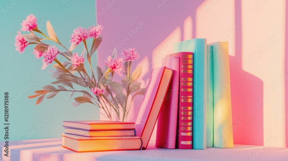 Pastel books and flowers in sunlight.