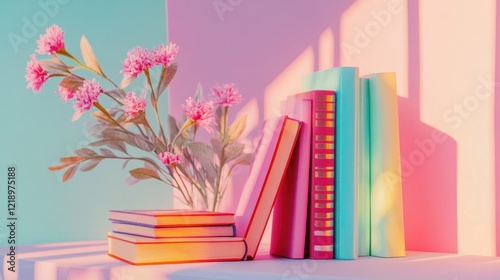 Obraz na płótnie Pastel books and flowers in sunlight. w salonie