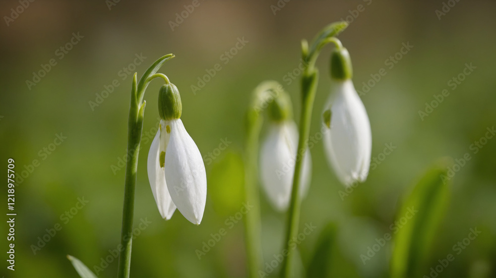 White Snowdrop Flowers outdoors against a blurred green background White Snowdrop Flowers outdoors against a blurred green background