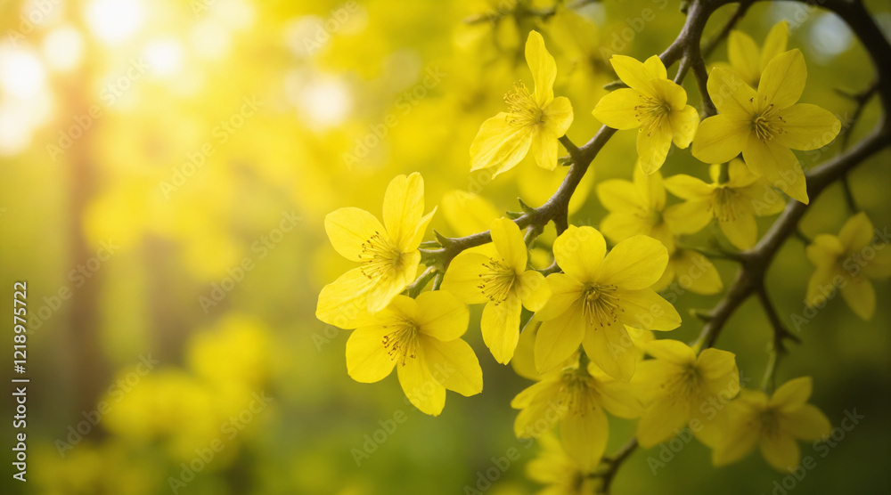 Yellow flowers blooming with sunlight against a blurred background Yellow flowers blooming with sunlight against a blurred background