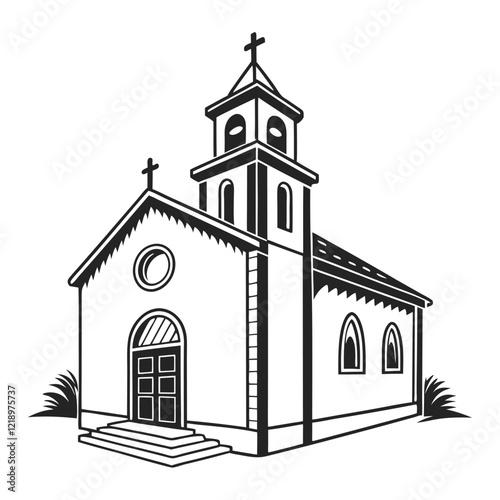 A stylized, black and white vector illustration of a charming church perched atop a grassy hill