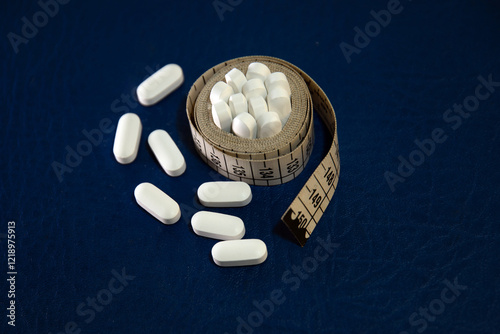 Tape measure surrounds pasta on blue background. Medications for weight loss, intermittent fasting diet. Dietary supplements and appetite suppressants to combat obesity..
