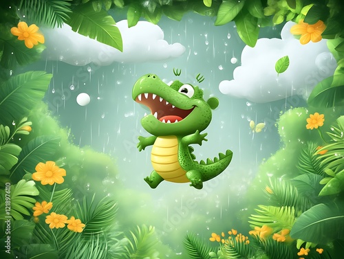 Joyful Crocodile in Rain: A Whimsical Jungle Illustration