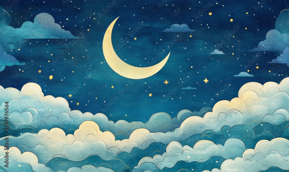 Serene Night Sky with Bright Crescent Moon Above Dramatic Cloudscape Under Starry Sky, Perfect for Relaxation and Tranquility Themes, Generative AI Serene Night Sky with Bright Crescent Moon Above Dramatic Cloudscape Under Starry Sky, Perfect for Relaxation and Tranquility Themes, Generative AI