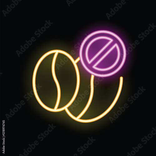 Bright glowing neon sign showing forbidden coffee beans with a stop sign on a black background